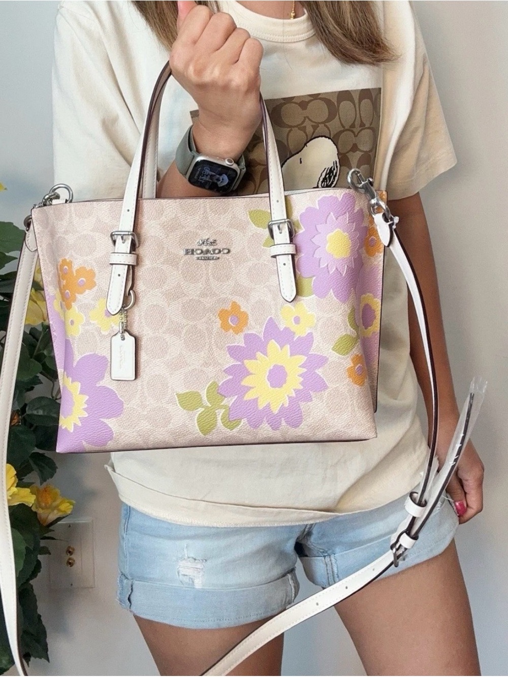 Coach Beige Tote with Purple and Yellow Floral Design - Picture 2 of 14